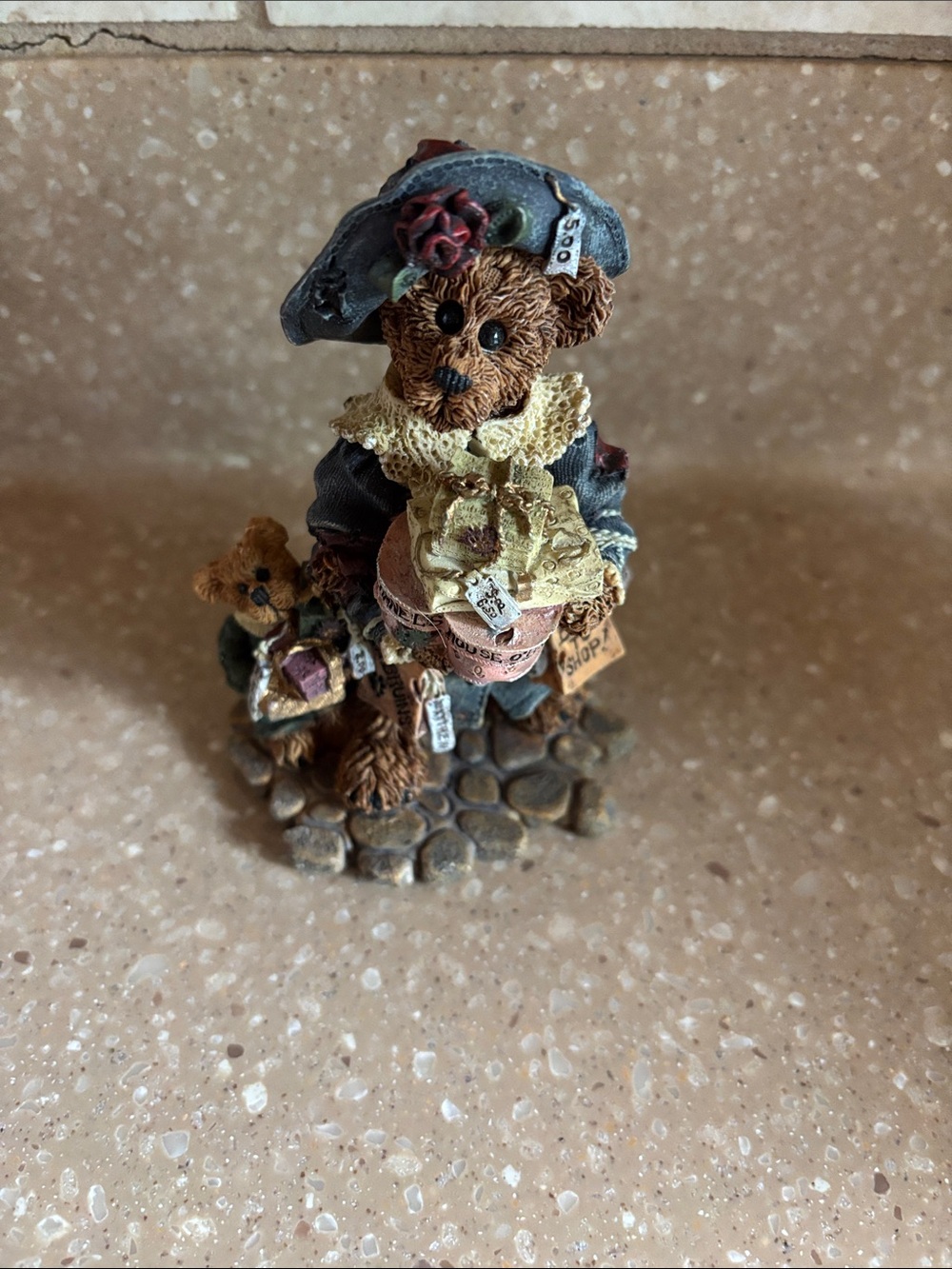 Boyds Bears Brown Bear Figurine with Gray Hat and Cream Lace